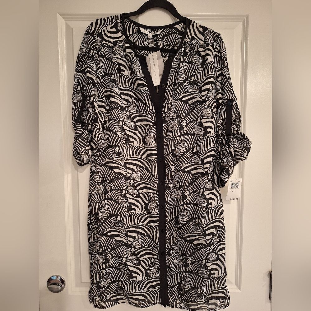 Trina Turk Dress Sz 4 Black White Zebra Animal Print Safari Button Down